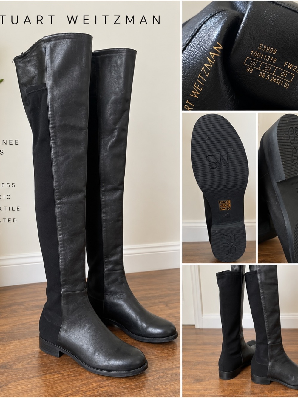 Stuart Weitzman Black Over-the-Knee Leather & Stretch Boots